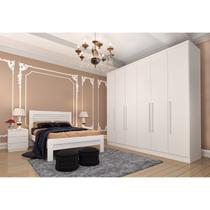 Quarto Casal Completo Guarda Roupa 6 Portas Veneza com Cama e Mesa de Cabeceira Neve
