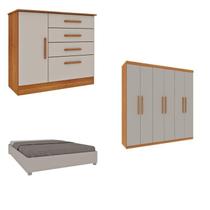 Quarto Casal Completo Guarda-Roupa Lima, Cama Mônaco e Cômoda Chicago Espresso Móveis Bege/Cinamomo/Off White