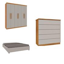 Quarto Casal Completo Guarda-Roupa Lima, Cama Mônaco e Cômoda Premium Espresso Móveis Bege/Cinamomo/Off White