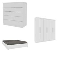Quarto Casal Completo Guarda-Roupa Lima, Cama Mônaco e Cômoda Premium Espresso Móveis Branco/Neve