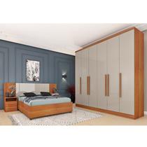 Quarto Casal Completo Roupeiro Veneza 4 Gavetas, Cama Casal Mônaco e Painel Ripado 4 Gavetas
