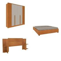 Quarto Casal Guarda-Roupa 6 Portas Ripado Nova York e Cama Box Casal Mônaco com Cabeceira Ajustável Bege/Cinamomo/Off White