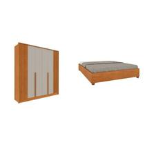 Quarto Casal Guarda-Roupa 6 Portas Ripado Nova York e Cama Box Queen Mônaco com Cabeceira Ajustável Bege/Cinamomo/Off White