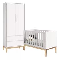 Quarto com Berço Classic e Guarda Roupa 2 Portas Branco Fosco e Pés Madeira Natural - Reller Móveis