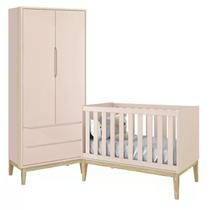 Quarto com Berço Classic e Guarda Roupa 2 Portas Rosa Fosco e Pés Madeira Natural - Reller Móveis