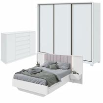 Quarto com Guarda-roupa 3 Portas 6 Gavetas, Cômoda 2 Portas 7 Gavetas e Cama Solaris