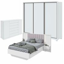 Quarto com Guarda-roupa Casal 3 Portas 6 Gavetas, Cômoda 2 Portas 7 Gavetas e Cama Solaris