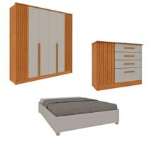 Quarto Completo 1 Guarda-Roupa 6 Portas e 1 Cômoda Ripado Nova York e 1 Cama Casal Mônaco Espresso m Bege/Cinamomo/Off White