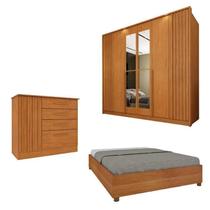 Quarto Completo 1 Guarda-Roupa com Espelho 1 Cômoda Ripado Nova York e 1 Cama Casal Mônaco Espresso Bege/Cinamomo