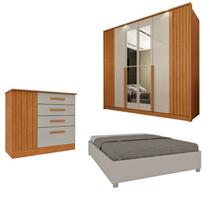 Quarto Completo 1 Guarda-Roupa com Espelho 1 Cômoda Ripado Nova York e 1 Cama Casal Mônaco Espresso Bege/Cinamomo/Off White