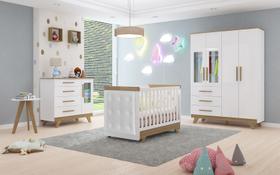 Quarto Completo Bebê Moveis Peroba Retro com capitonê 100% MDF Branco Carvalho