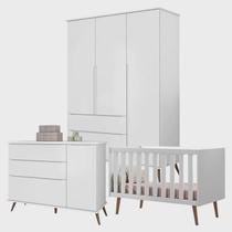 Quarto Completo Bebe Retro Melinda Guarda Roupa Comoda 1 Porta e Berço Branco - Phoenix Baby