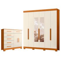 Quarto Completo Casal Guarda Roupa Com Espelho Vinci e Cômoda Xangai