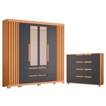 Quarto Completo Casal Guarda Roupa Ripado com Espelho e Cômoda Doble