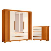 Quarto Completo Casal Guarda Roupa Ripado Doble com Espelho e Cômoda Duetto