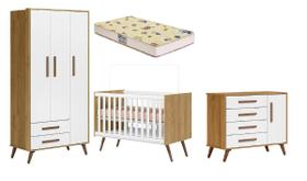 Quarto Completo De Bebê 4 Peças Berço Colchão Armário E Cômoda Retrô Branco Freijó