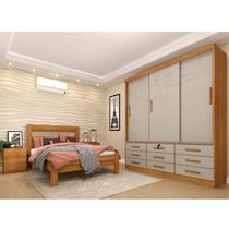 Quarto Completo Guarda Roupa 3 Portas Cama Casal e Mesa de Cabeceira Chicago Cinamomo/Off White