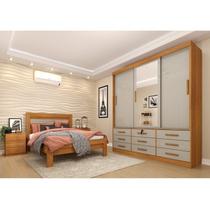 Quarto Completo Guarda Roupa 3 Portas Cama Casal e Mesa de Cabeceira Chicago Cinamomo/Off White