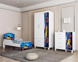 Quarto Completo Infantil Com Mini Cama Com Proteção Cômoda 4 Gavetas E Guarda Roupa 3 Portas Linha Lívia