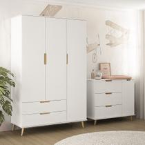 Quarto Completo Melinda Guarda Roupa 3 Portas e 2 Gavetas e Comoda 1 Porta e 3 Gavetas Branco Retro - Mobili