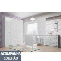 Quarto Completo para Bebê Helena com Guarda-Roupa 4 Portas + Cômoda + Berço Doce Sonho e Colchão D18 - Modern House
