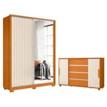 Quarto Completo Porta De Correr Guarda Roupa Com Espelho Frizatto e Cômoda Evidenza