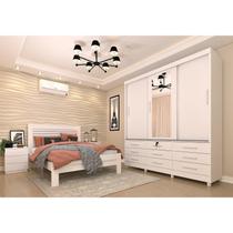 Quarto Completo Roupeiro 3 Portas, Cama Casal e Mesa de Cabeceira 3 Gavetas Chicago Neve Quarto Completo Roupeiro 3 Portas, Cama Casal e Mesa de Cabeceira 3 Gavetas Chicago Neve