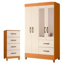 Quarto Completo Solteiro Guarda Roupa 4 Portas Com Espelho e Cômoda Mobi