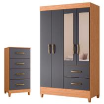 Quarto Completo Solteiro Guarda Roupa 4 Portas Com Espelho e Cômoda Mobi - Albatroz
