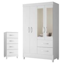 Quarto Completo Solteiro Guarda Roupa 4 Portas Com Espelho e Cômoda Mobi