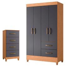 Quarto Completo Solteiro Guarda Roupa 4 Portas e Cômoda Mobi