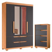 Quarto Completo Solteiro Guarda Roupa Doble com Espelho e Cômoda Sole