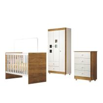 Quarto de Bebê 100% MDF Berço com Colchão, Cômoda Soft e Guarda Roupa 3 Portas Life Branco e Ypê