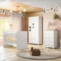 Quarto de Bebê 100% MDF Berço com Colchão Cômoda Soft e Guarda Roupa 3 Portas Life Branco