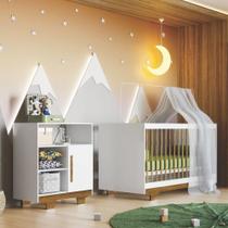 Quarto de Bebê 100% MDF Berço Minicama com Colchão e Cômoda Flocos Branco/Ypê