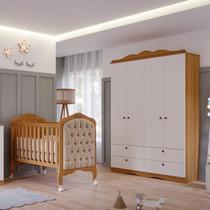 Quarto de Bebê 2 Peças com Berço Capitonê e Guarda-Roupa 4 Portas 4 Gavetas Aquarella Espresso Móvei Bege/Nature/Branco