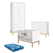 Quarto de Bebê 2 Portas e Cômoda 6 Gavetas New Classic Branco com Pés Madeira Natural e Colchão Ortobom - Reller
