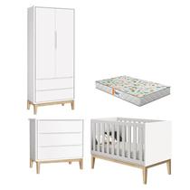 Quarto de Bebê 2 Portas e Cômoda Gaveteiro New Classic Branco com Pés Madeira Natural e Colchão Gazin Reller Quarto de Bebê 2 Portas e Cômoda Gaveteiro New Classic Branco com Pés Madeira Natural e Colchão Gazin Reller