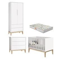 Quarto De Bebê 2 Portas E Cômoda Gaveteiro New Classic Branco Com Pés Madeira Natural