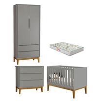 Quarto de Bebê 2 Portas e Cômoda Gaveteiro New Classic Cinza com Pés Madeira e Colchão Gazin Reller