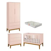 Quarto de Bebê 2 Portas e Cômoda Gaveteiro New Classic Rosa com Pés Madeira e Colchão Gazin Reller