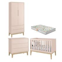 Quarto de Bebê 2 Portas e Cômoda Gaveteiro New Classic Rosa com Pés Madeira Natural e Colchão Gazin Reller