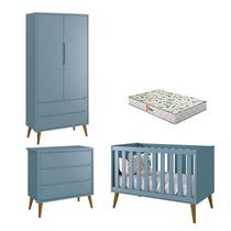 Quarto de Bebê 2 Portas e Cômoda Gaveteiro Theo Azul Pés Amadeirados com Colchão Gazin Reller