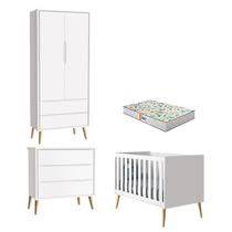 Quarto de Bebê 2 Portas e Cômoda Gaveteiro Theo Branco Pés Madeira Natural com Colchão Gazin Reller