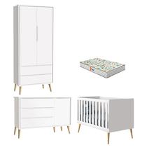 Quarto de Bebê 2 Portas Theo Branco Pés Madeira Natural com Colchão Gazin Reller