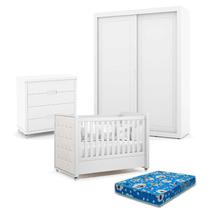 Quarto de Bebe 2 Portas Tutto New com Capitonê New Boucle e Gaveteiro Branco Acetinado com Colchão Ortobom - Matic
