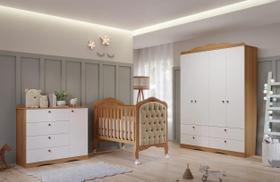 Quarto de Bebê 3 Peças com Berço Capitonê Cômoda 4 Gavetas e Guarda Roupa 4 Portas 4 Gavetas Aquarel Marrom/Nature/Branco