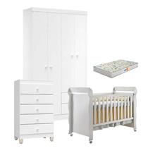 Quarto de Bebê 3 Portas com Gaveteiro Ternura Baby e Berço Mirelle Branco Brilho com Colchão Gazin - Incorplac