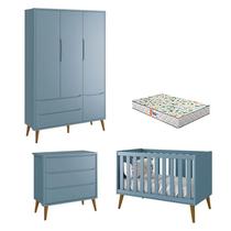 Quarto de Bebê 3 Portas e Cômoda Gaveteiro Theo Azul Pés Amadeirados com Colchão Gazin Reller