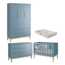 Quarto de Bebê 3 Portas New Classic Azul com Pés Madeira Natural e Colchão Gazin Reller